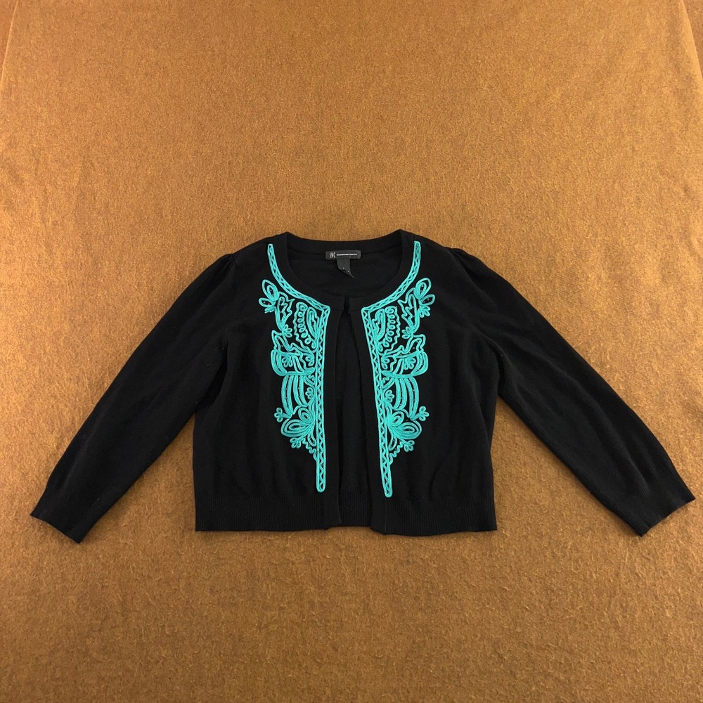INC Womens Large Black Teal Embroidered Open Front Cropped Cardigan Sweater New